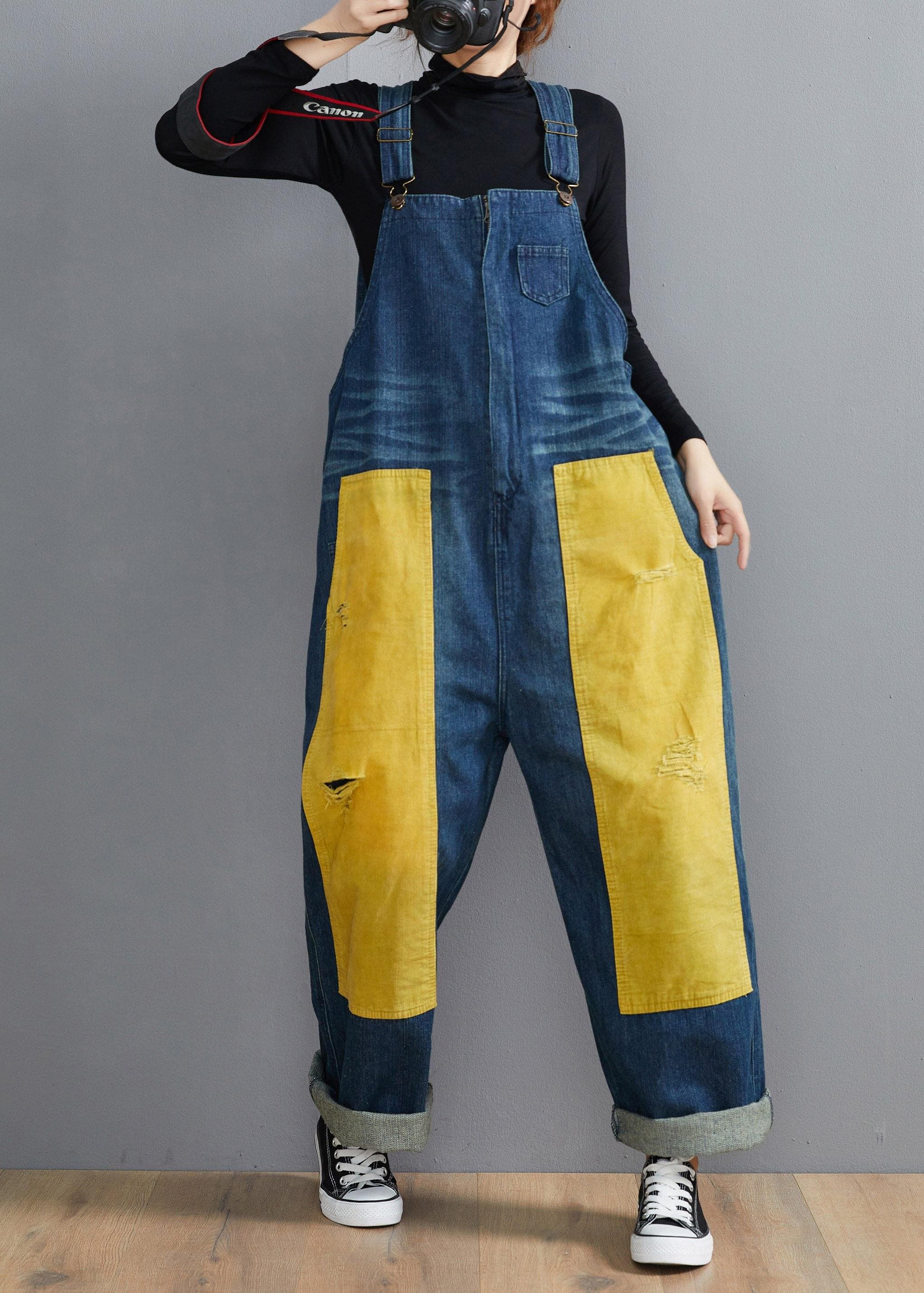 French Denim Blue Jeans women's Spring Patchwork Jumpsuit Pants JPTS210124