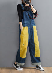 French Denim Blue Jeans women's Spring Patchwork Jumpsuit Pants JPTS210124