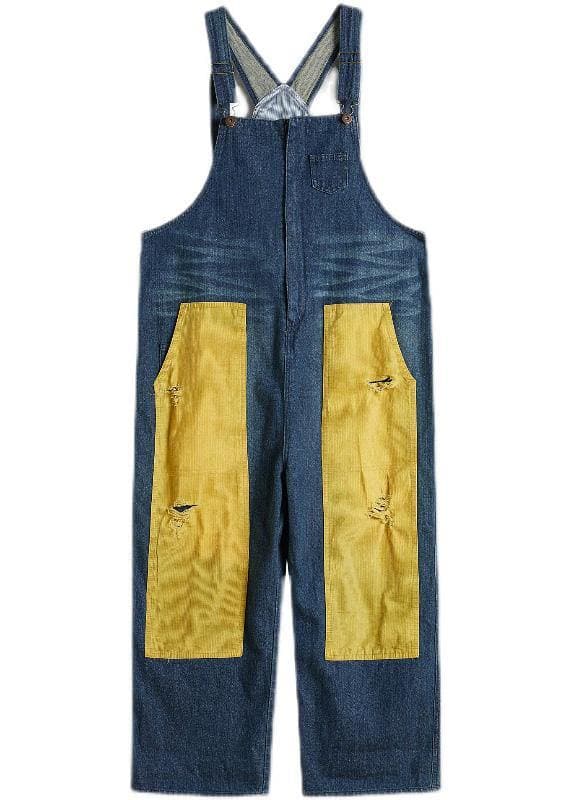 French Denim Blue Jeans women's Spring Patchwork Jumpsuit Pants JPTS210124