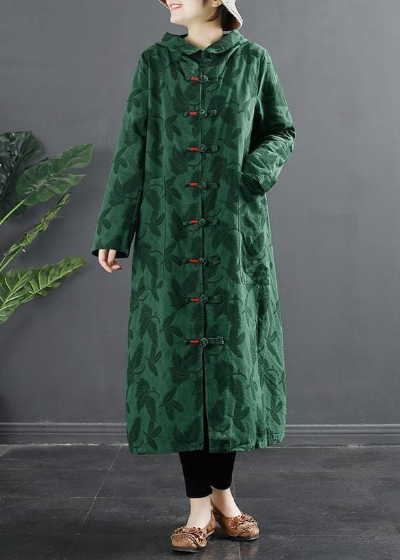 French Green Jacquard Hooded Chinese Button Robe Dresses TCT210305