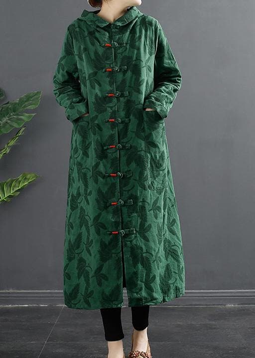 French Green Jacquard Hooded Chinese Button Robe Dresses TCT210305