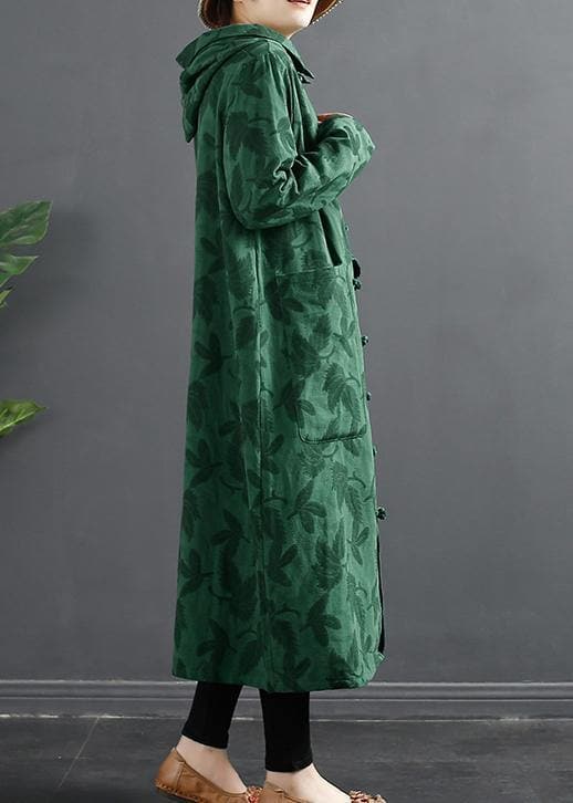 French Green Jacquard Hooded Chinese Button Robe Dresses TCT210305