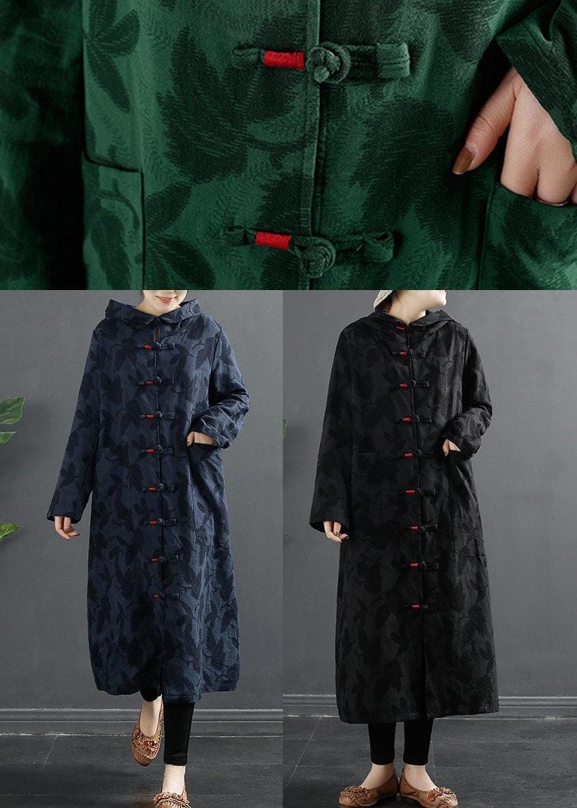 French Green Jacquard Hooded Chinese Button Robe Dresses TCT210305