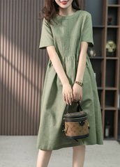 French Green O-Neck Wrinkled Linen Dress Short Sleeve gk-SDL220722