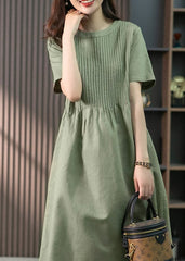 French Green O-Neck Wrinkled Linen Dress Short Sleeve gk-SDL220722