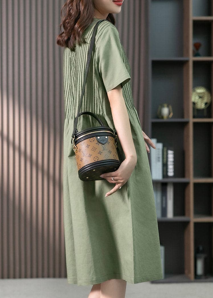 French Green O-Neck Wrinkled Linen Dress Short Sleeve gk-SDL220722