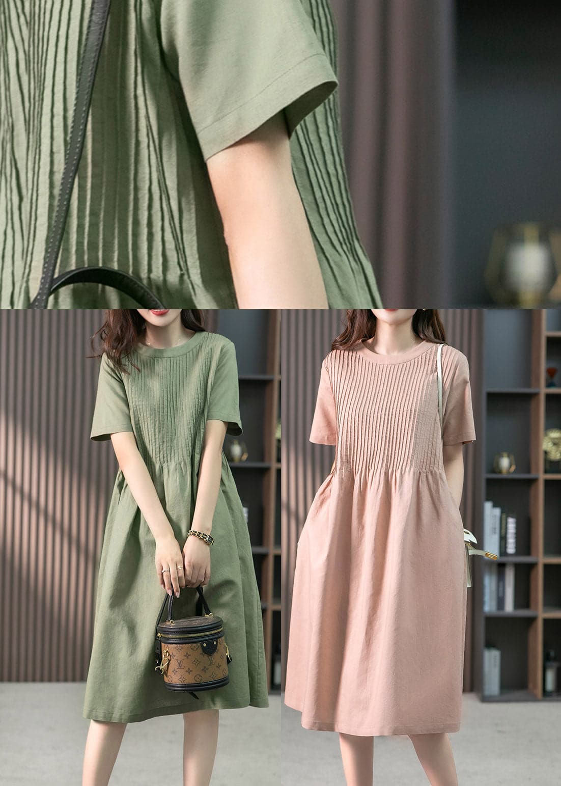 French Green O-Neck Wrinkled Linen Dress Short Sleeve gk-SDL220722