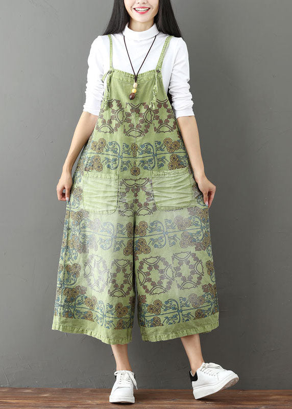 French Green pockets Print wide leg Jumpsuit Spring dylinoshop