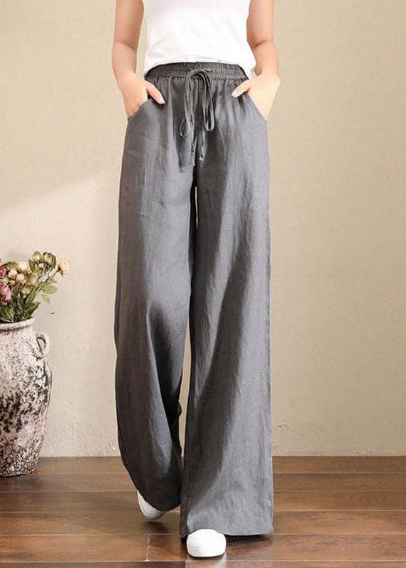 French Grey Elastic Waist Pockets Linen Wide Leg Pants Summer GK-LPTS220623