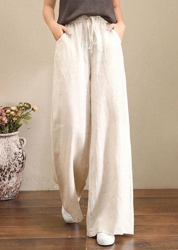 French Grey Elastic Waist Pockets Linen Wide Leg Pants Summer GK-LPTS220623