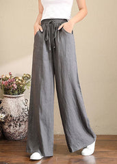 French Grey Elastic Waist Pockets Linen Wide Leg Pants Summer GK-LPTS220623