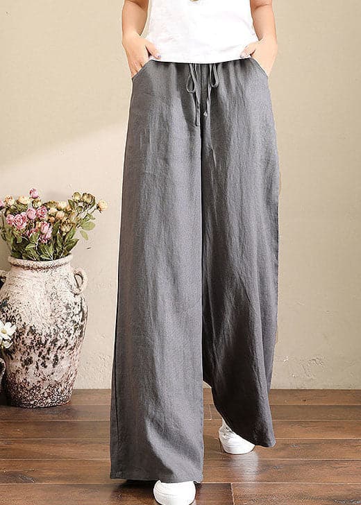 French Grey Elastic Waist Pockets Linen Wide Leg Pants Summer GK-LPTS220623