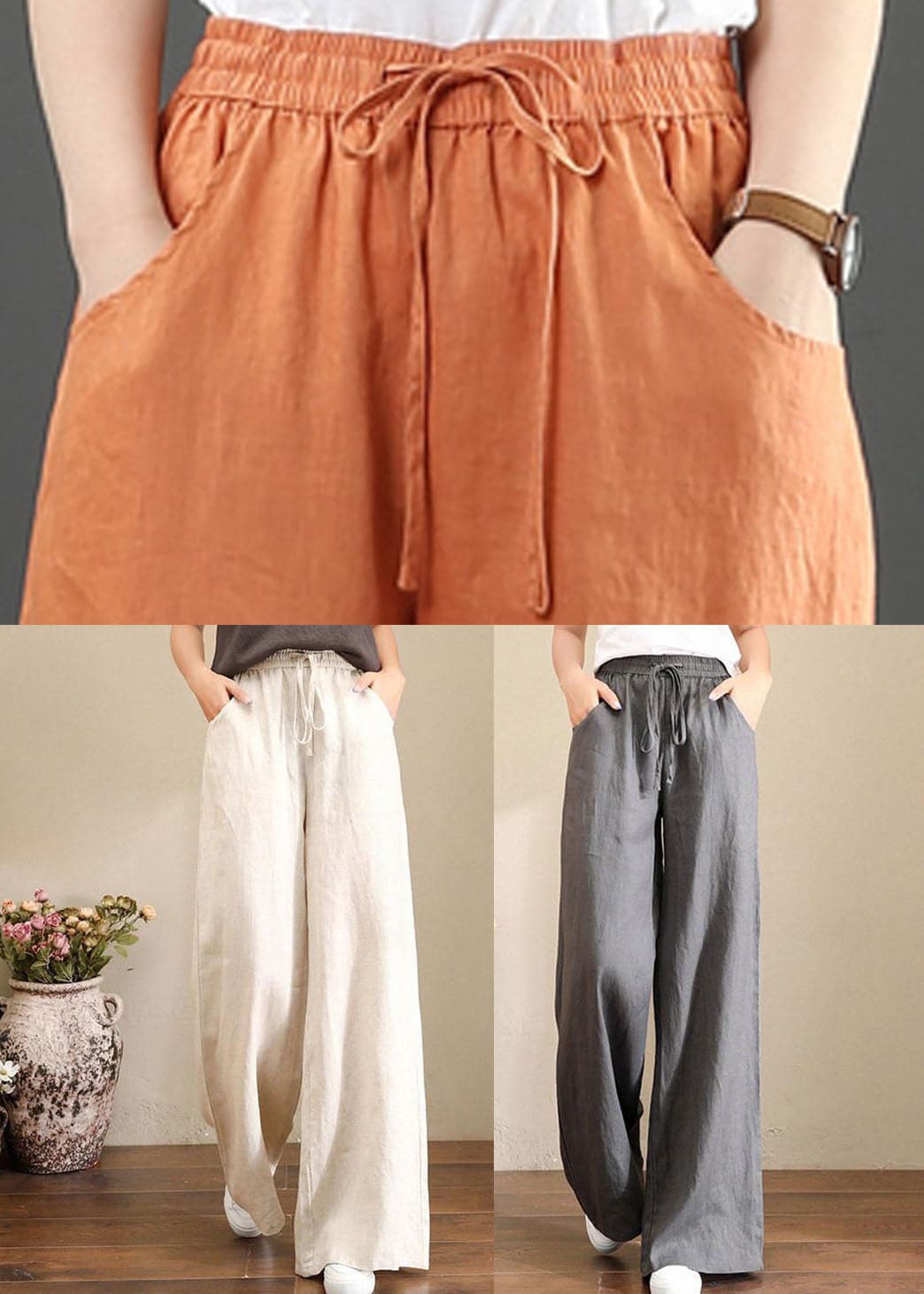 French Grey Elastic Waist Pockets Linen Wide Leg Pants Summer GK-LPTS220623