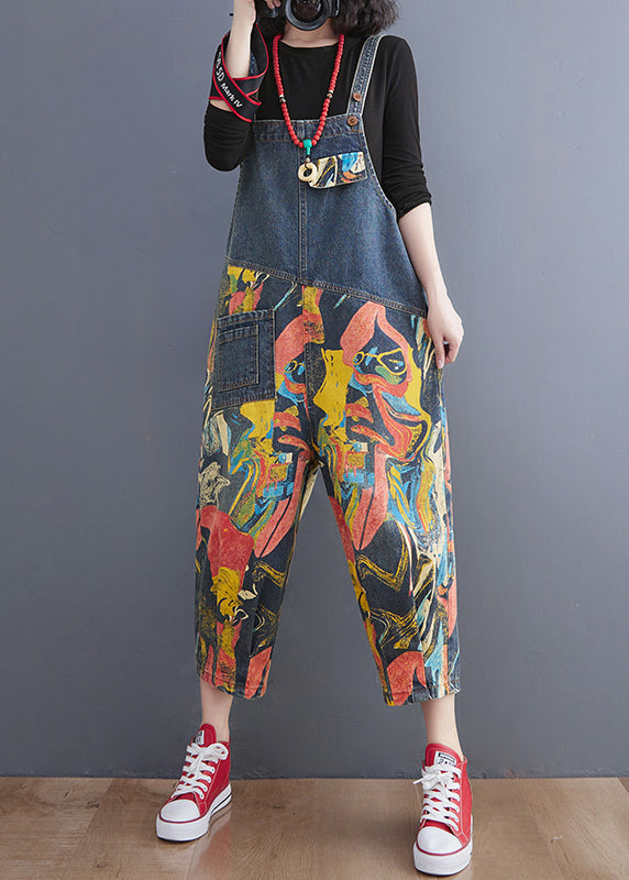 French Navy Pocket Print Denim Jumpsuit Spring dylinoshop