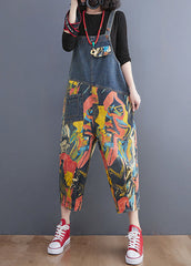 French Navy Pocket Print Denim Jumpsuit Spring dylinoshop