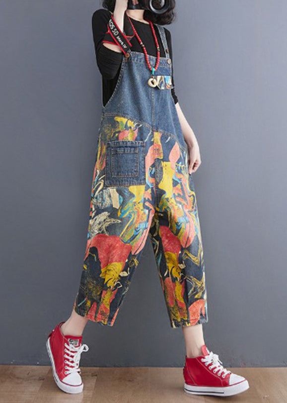 French Navy Pocket Print Denim Jumpsuit Spring dylinoshop