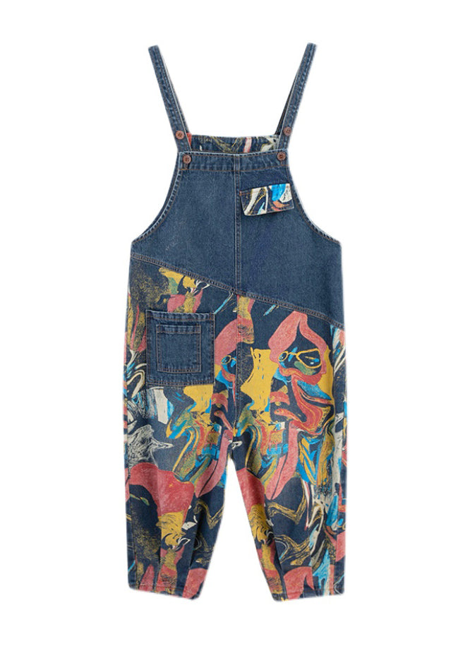 French Navy Pocket Print Denim Jumpsuit Spring dylinoshop