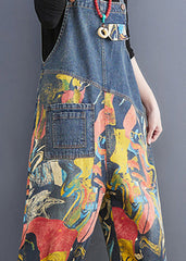 French Navy Pocket Print Denim Jumpsuit Spring dylinoshop