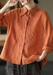 French Orange Retro Peter Pan Collar Button Fall Linen Shirt Tops Long Sleeve GK-LTP210810