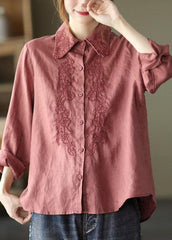 French Orange Retro Peter Pan Collar Button Fall Linen Shirt Tops Long Sleeve GK-LTP210810