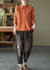 French Orange Retro Peter Pan Collar Button Fall Linen Shirt Tops Long Sleeve GK-LTP210810