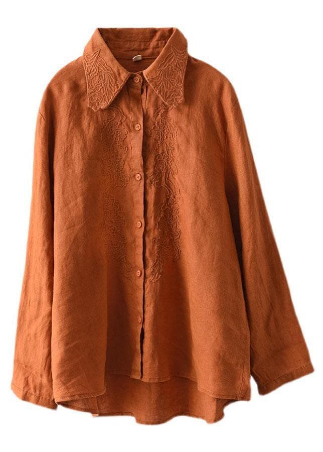 French Orange Retro Peter Pan Collar Button Fall Linen Shirt Tops Long Sleeve GK-LTP210810