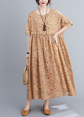 French Pink Orange O-Neck Wrinkled Print Cotton Loose Dresses Short Sleeve GK-SDL220418