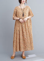 French Pink Orange O-Neck Wrinkled Print Cotton Loose Dresses Short Sleeve GK-SDL220418