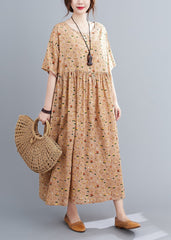 French Pink Orange O-Neck Wrinkled Print Cotton Loose Dresses Short Sleeve GK-SDL220418