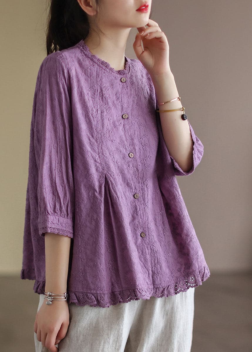 French Purple Embroideried Lace Patchwork Wrinkled Cotton Shirt Tops Bracelet Sleeve GK-HTP220815