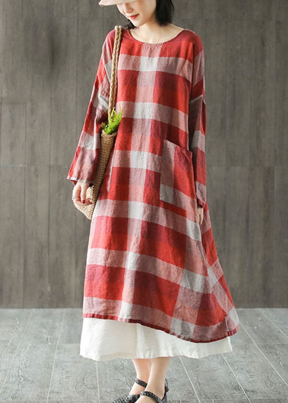 French Red O-Neck Pockets Linen Fall Robe Dresses GK-SKTS211015