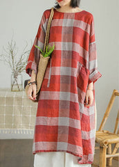 French Red O-Neck Pockets Linen Fall Robe Dresses GK-SKTS211015