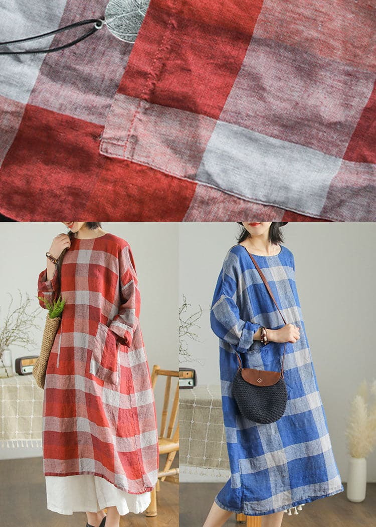 French Red O-Neck Pockets Linen Fall Robe Dresses GK-SKTS211015