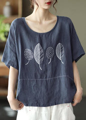 French Red Summer O-Neck Embroideried Linen Half Sleeve T Shirt GK-HTP210720