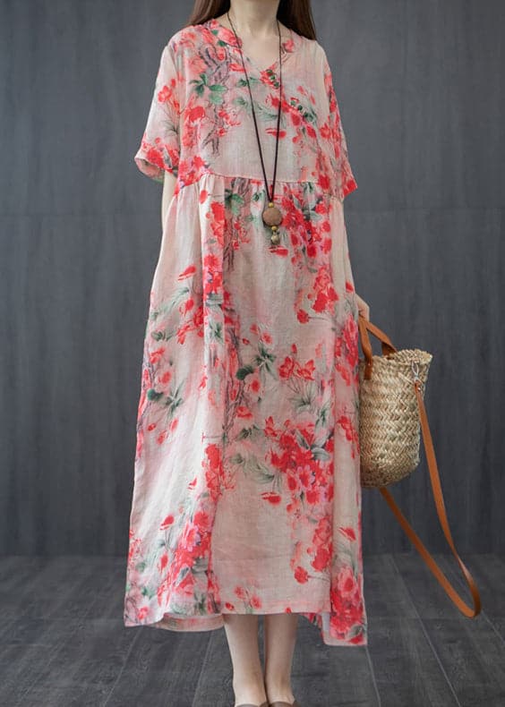 French Red Wrinkled V Neck Floral Linen Long Dress Short Sleeve GK-SDL220418