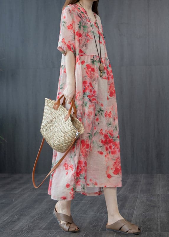 French Red Wrinkled V Neck Floral Linen Long Dress Short Sleeve GK-SDL220418