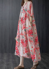 French Red Wrinkled V Neck Floral Linen Long Dress Short Sleeve GK-SDL220418