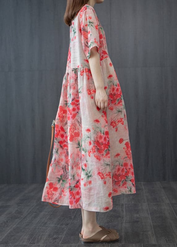 French Red Wrinkled V Neck Floral Linen Long Dress Short Sleeve GK-SDL220418