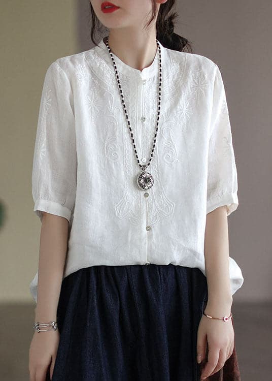 French White Button Embroideried Cotton Shirts Half Sleeve gk-HTP220503