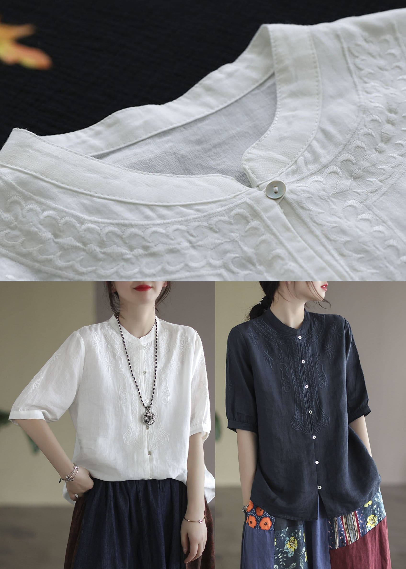 French White Button Embroideried Cotton Shirts Half Sleeve gk-HTP220503