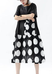 French black dotted linen cotton tunic top patchwork pockets Plus Size Clothing summer Dress AT-SDL190614