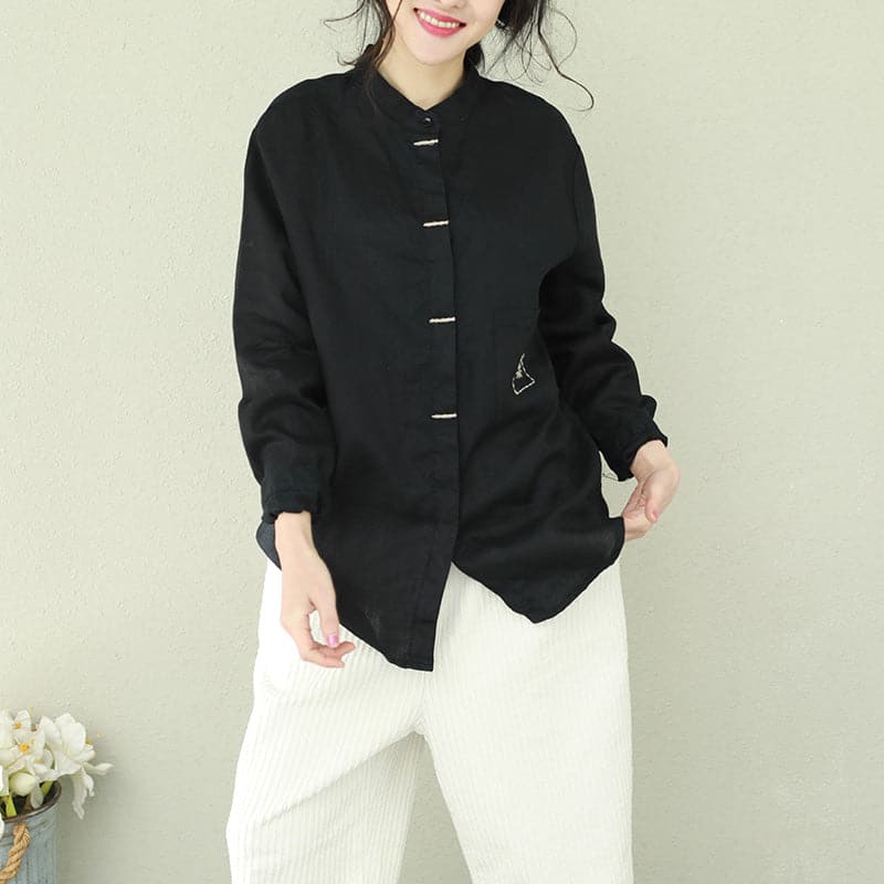 French black linen blouses for women Omychic Inspiration stand collar loose shirts LTP190129