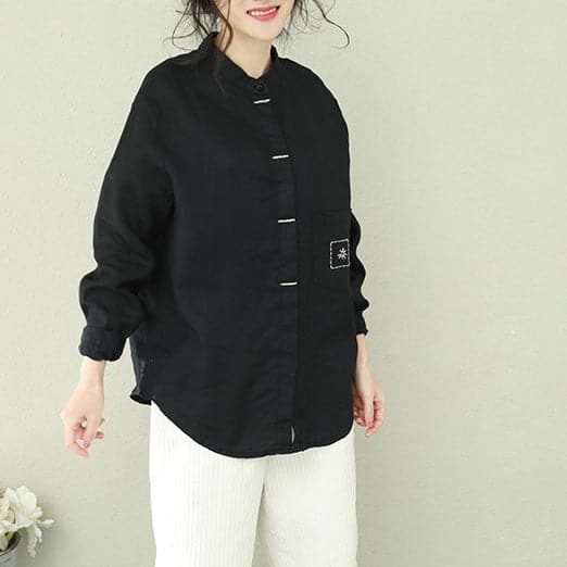 French black linen blouses for women Omychic Inspiration stand collar loose shirts LTP190129