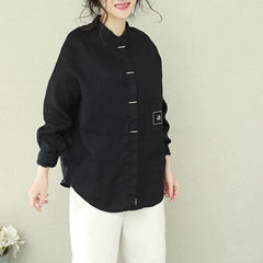 French black linen blouses for women Omychic Inspiration stand collar loose shirts LTP190129