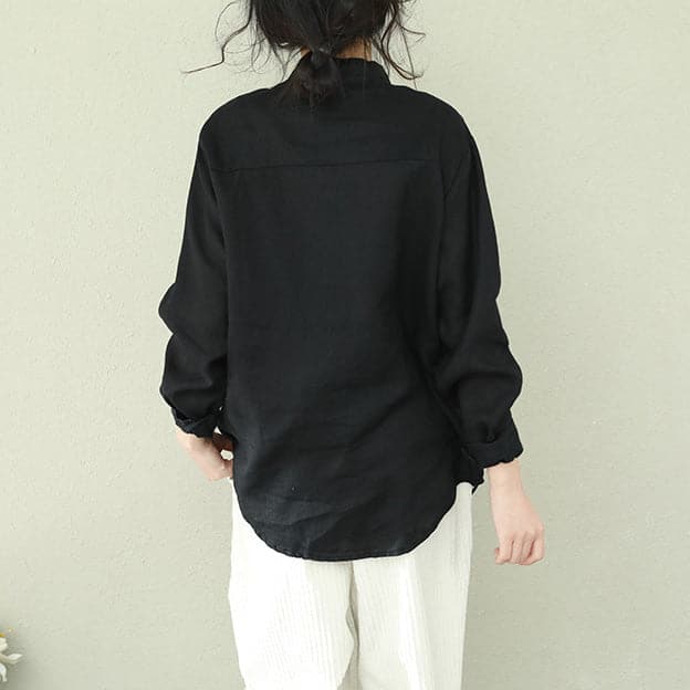 French black linen blouses for women Omychic Inspiration stand collar loose shirts LTP190129