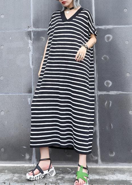 French black white striped cotton quilting dresses v neck A Line summer Dress AT-SDL190614