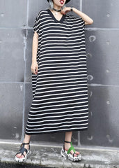 French black white striped cotton quilting dresses v neck A Line summer Dress AT-SDL190614