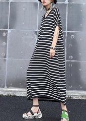 French black white striped cotton quilting dresses v neck A Line summer Dress AT-SDL190614