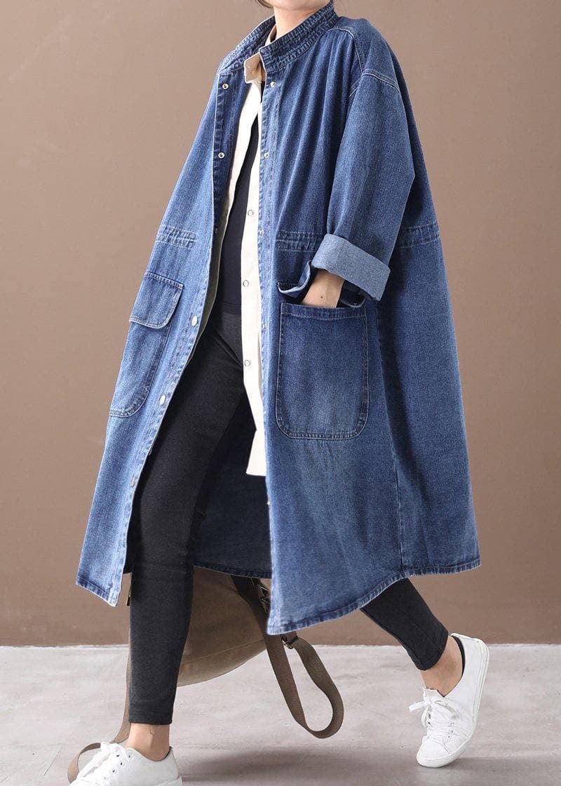 French denim blue Plus Size box coat Shape stand collar drawstring coat WG-TCT191018