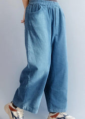 French elastic waist wild trousers oversized blue wide leg trousers LPTS191125